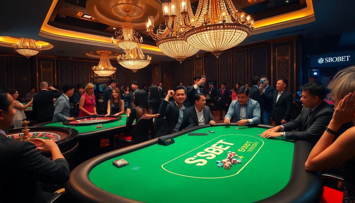 SBOBET players enjoying a thrilling poker game at a luxurious casino table under a grand chandelier.