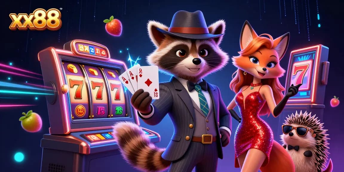 Engage in thrilling gameplay at xx88 with raccoon and fox characters celebrating jackpot wins.