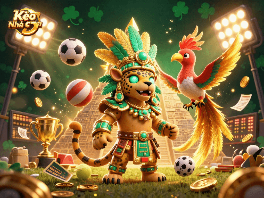 Kèo Nhà Cái 5 showcases sports excitement with vibrant characters, dynamic elements, and engaging casino theme.