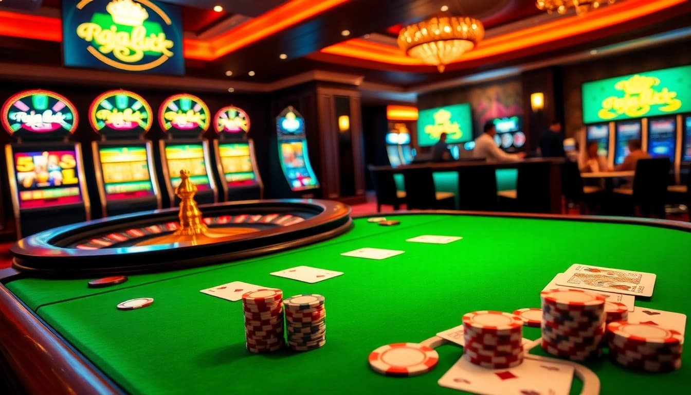 Experience the excitement of raja luck with vibrant casino tables and illuminated slot machines.