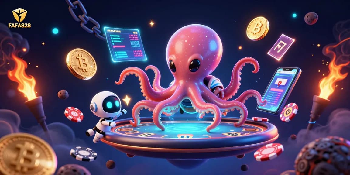 Join the space octopus and robot in an exciting FAFA828 poker adventure with orbiting chips!