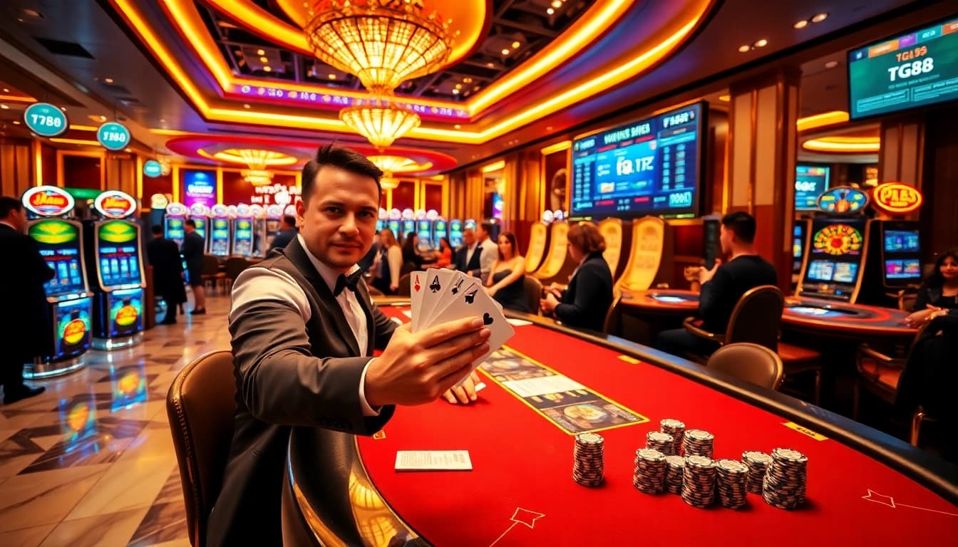 Engage in high-stakes poker at tg88, surrounded by vibrant slots and a luxurious casino ambiance.