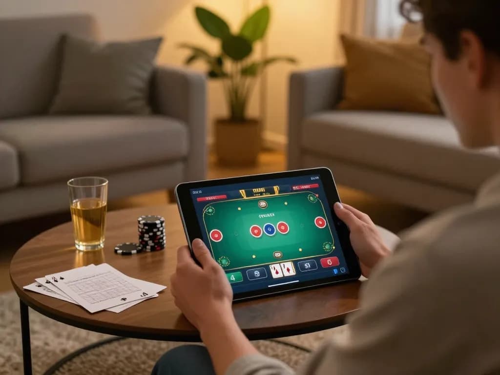 Engaging in mobile gaming on link f168 with an online poker table displayed on the tablet.