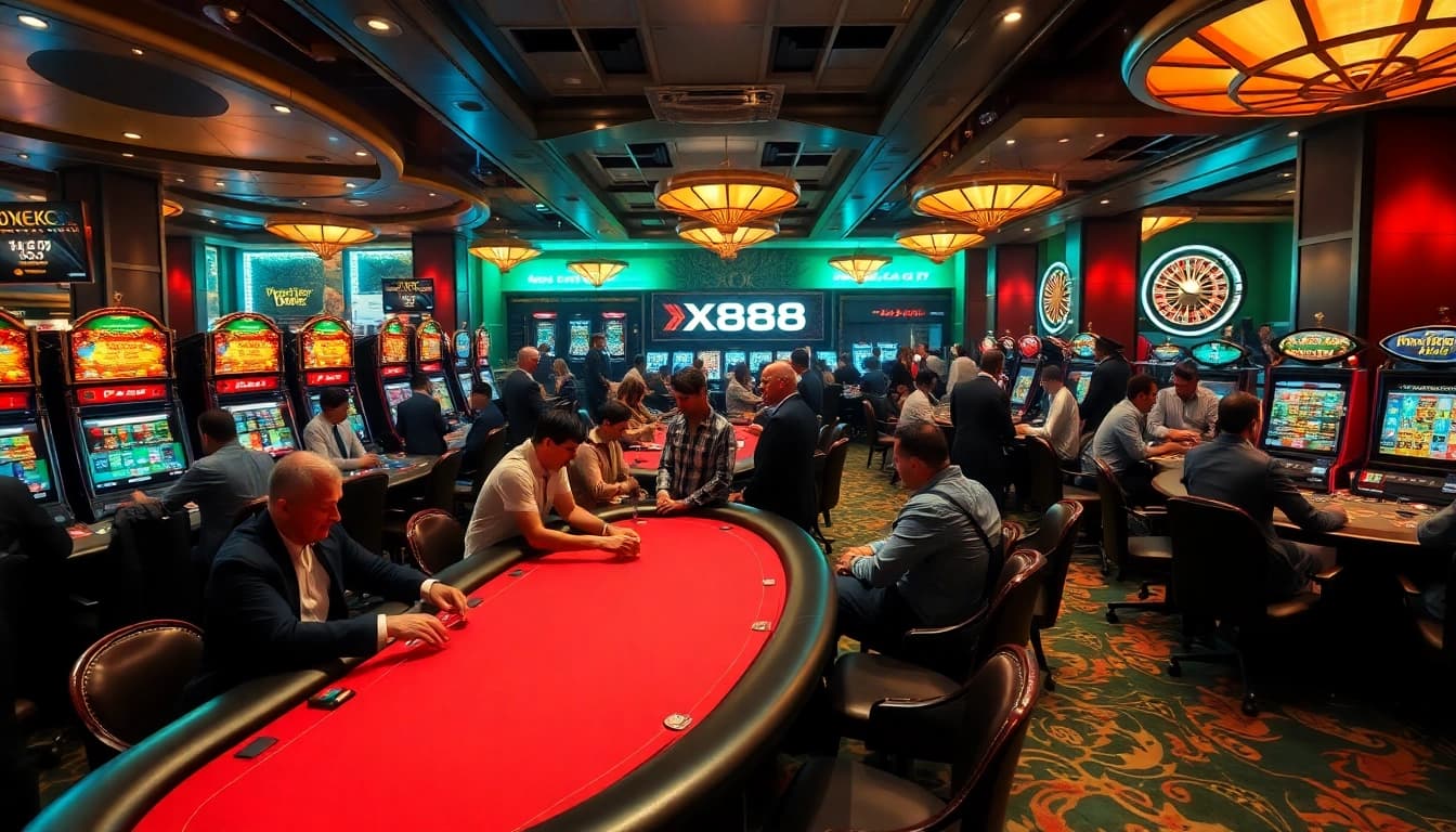 Players enjoying games at XX88 casino, featuring vibrant slot machines and roulette wheels, creating excitement.