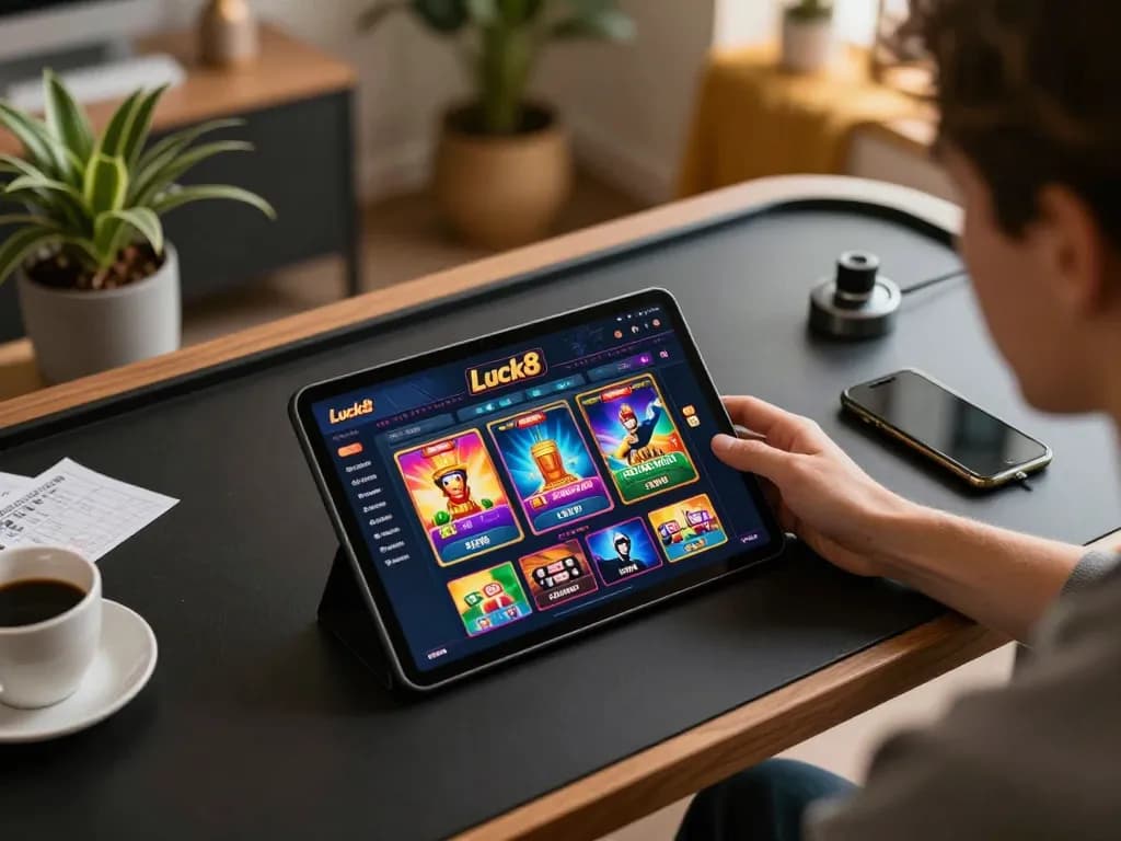 Engaging gaming experience with Luck8 on a tablet, showcasing an online betting setup.