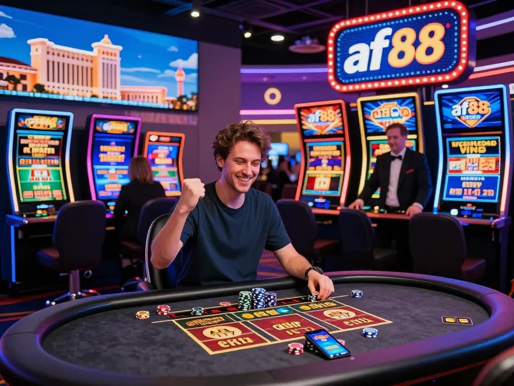 Joyful player celebrating a win at af88 casino live dealer table with vibrant lights and gaming atmosphere.