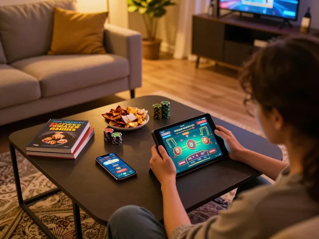 Engaging in online casino gaming at https://ck444s.net/ from a cozy home setup, showcasing a poker strategy book and tablet.