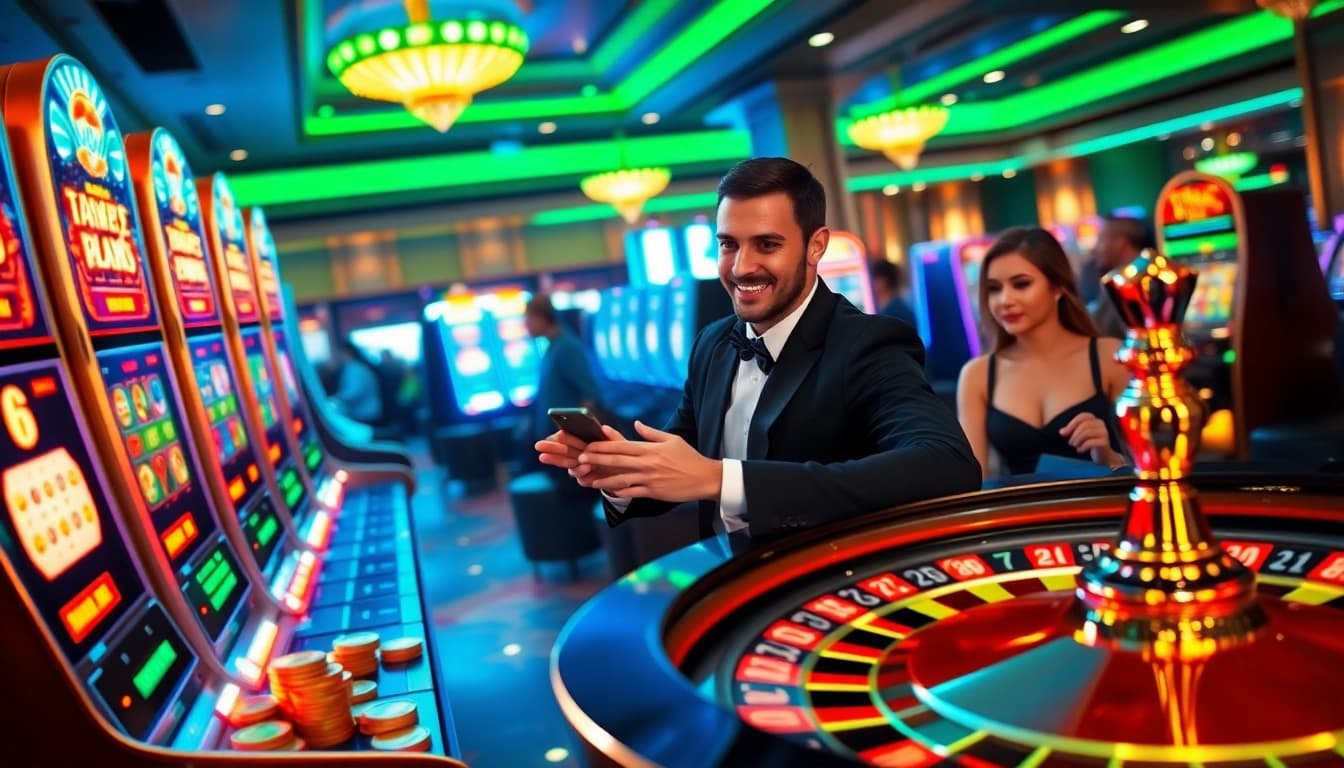 Nổ Hũ Đổi Thưởng excitement captured in a lively casino scene with vibrant slot machines and roulette.