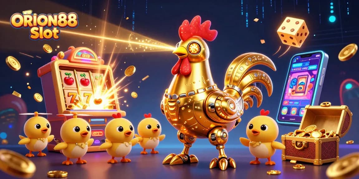 Experience thrilling wins at ORION88 Slot with an explosive 3D illustration of slot machines and characters.