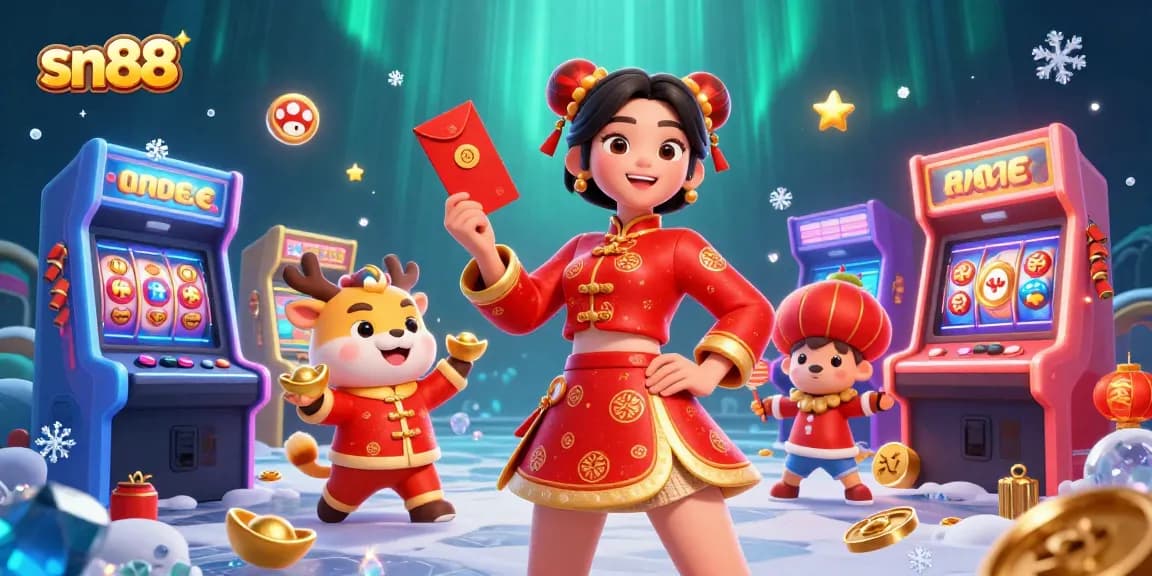 Engage with vibrant sn88 online casino fun featuring an Asian woman celebrating the Lunar New Year amid colorful gaming elements.