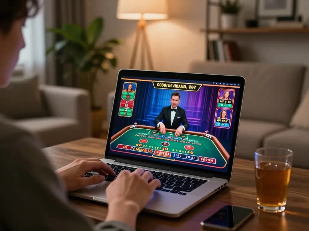may88 player enjoying live casino games on laptop in a cozy home setting