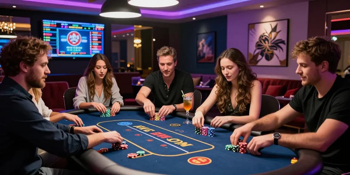 Friends enjoying a thrilling poker game at a luxury casino, highlighting AA88 COM's vibrant betting atmosphere.