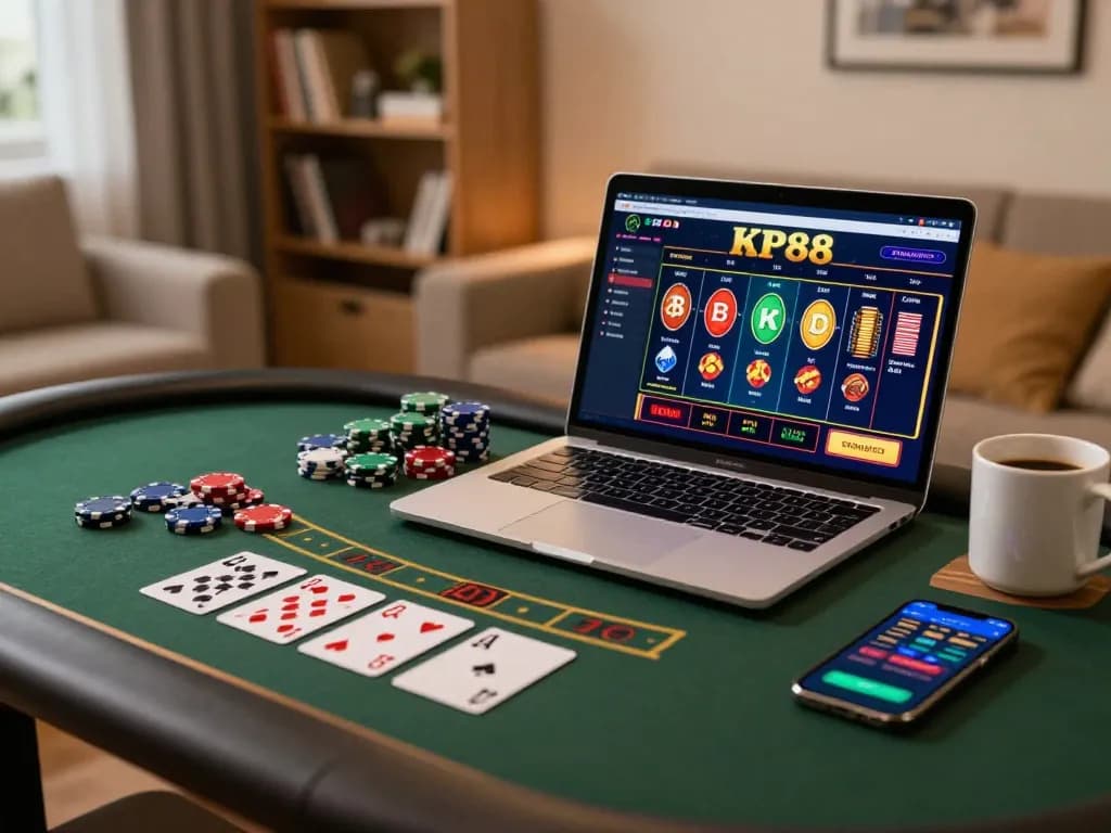 Engaging KP88 online gaming setup showing laptop interface with poker tables and cozy home atmosphere