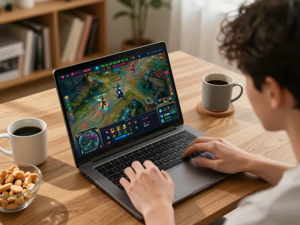 Terlibat dalam permainan online WULING388 dengan laptop di setting rumah yang nyaman, menekankan pada strategi dan kenyamanan