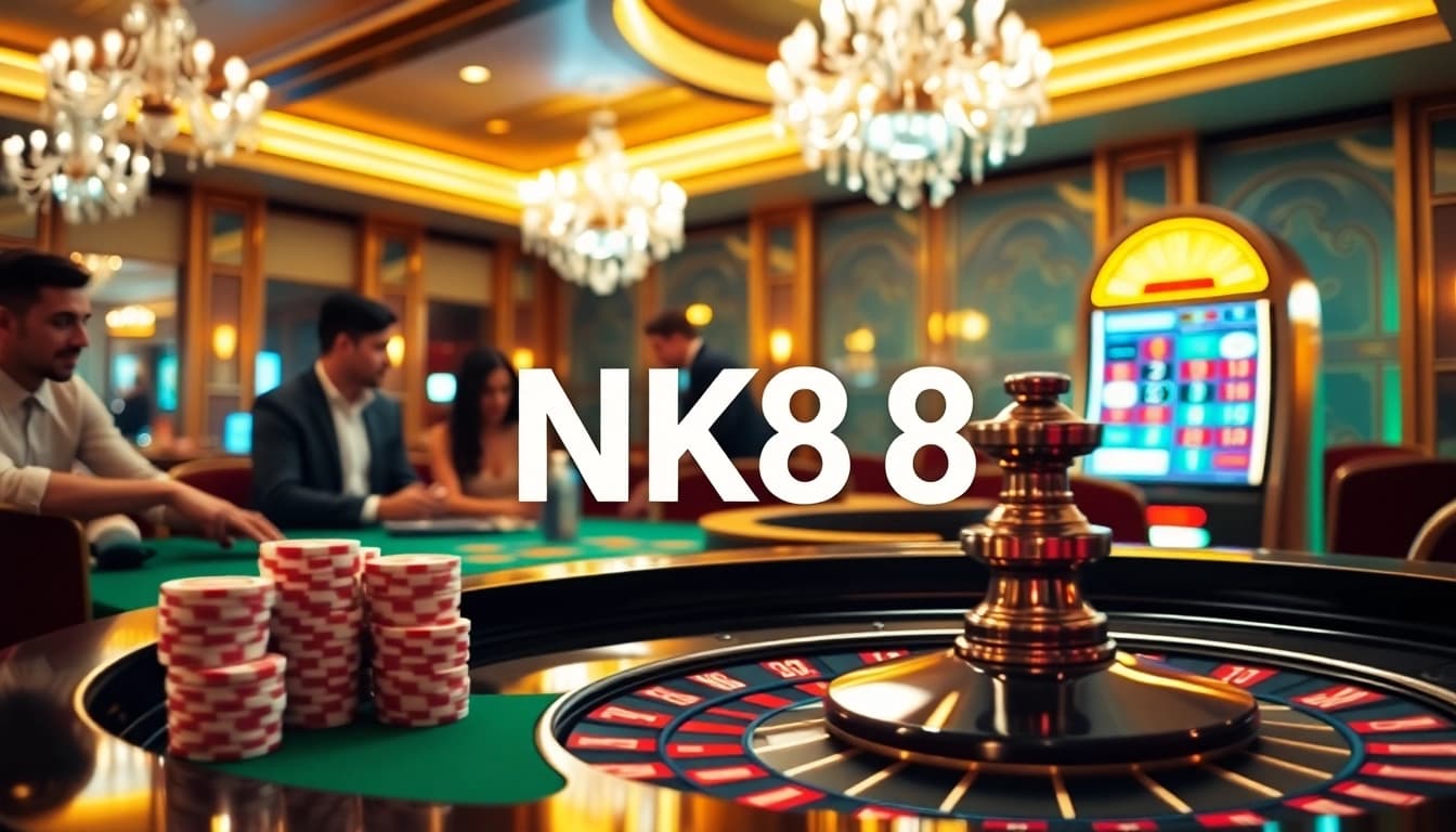 Engaged players enjoy thrilling games at NK88 casino, showcasing a luxurious interior atmosphere.