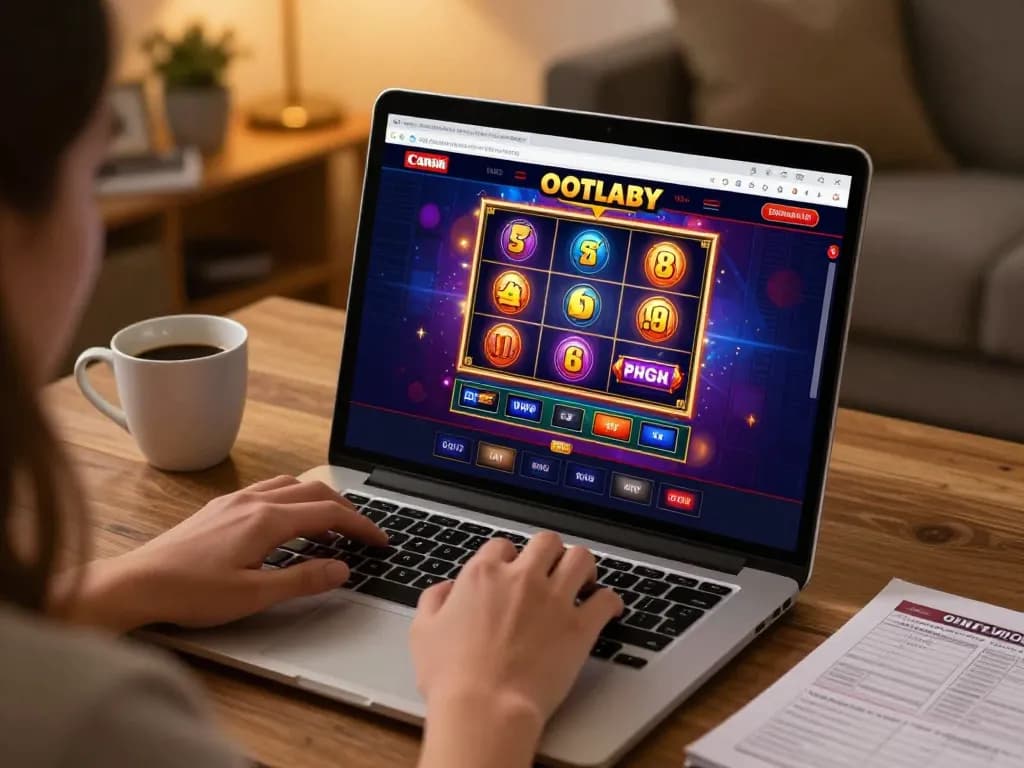 Engaging slot gameplay displayed on a laptop in a cozy home setting with warm lighting