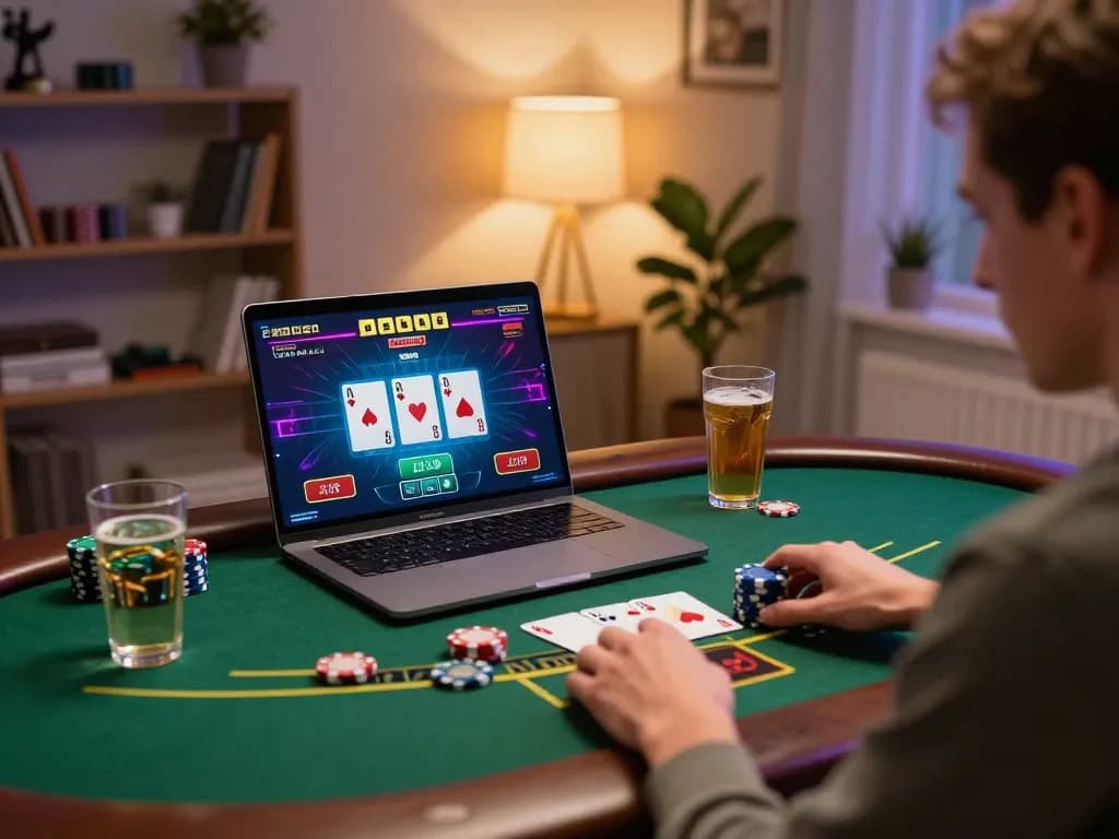 Engaging with kdslots online gaming, a player enjoys live dealer blackjack on a cozy laptop setup.