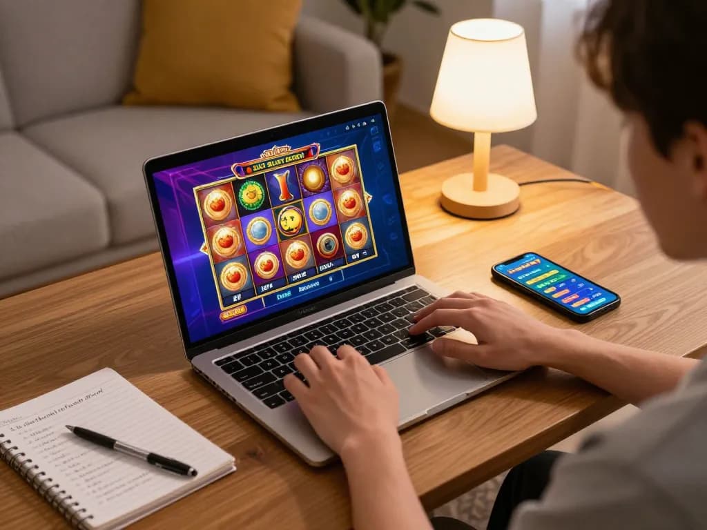 Engaging in a situs slot gacor game on a laptop, showcasing vibrant graphics and strategic gaming atmosphere.
