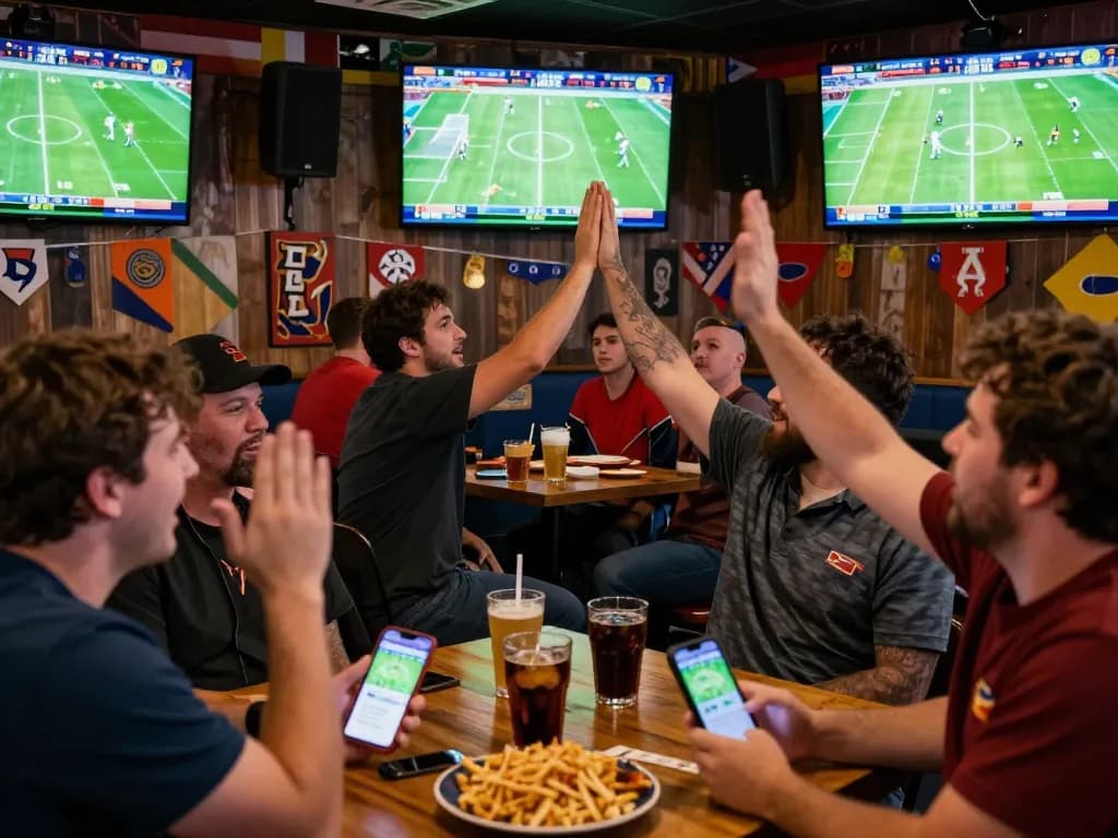 Xem bóng đá trực tuyến at a vibrant sports bar with fans engaged in live betting while watching matches
