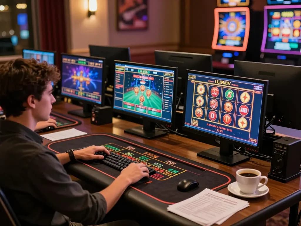 Engaged player exploring Nhà cái Win678 casino games on multiple screens in a cozy home setup.