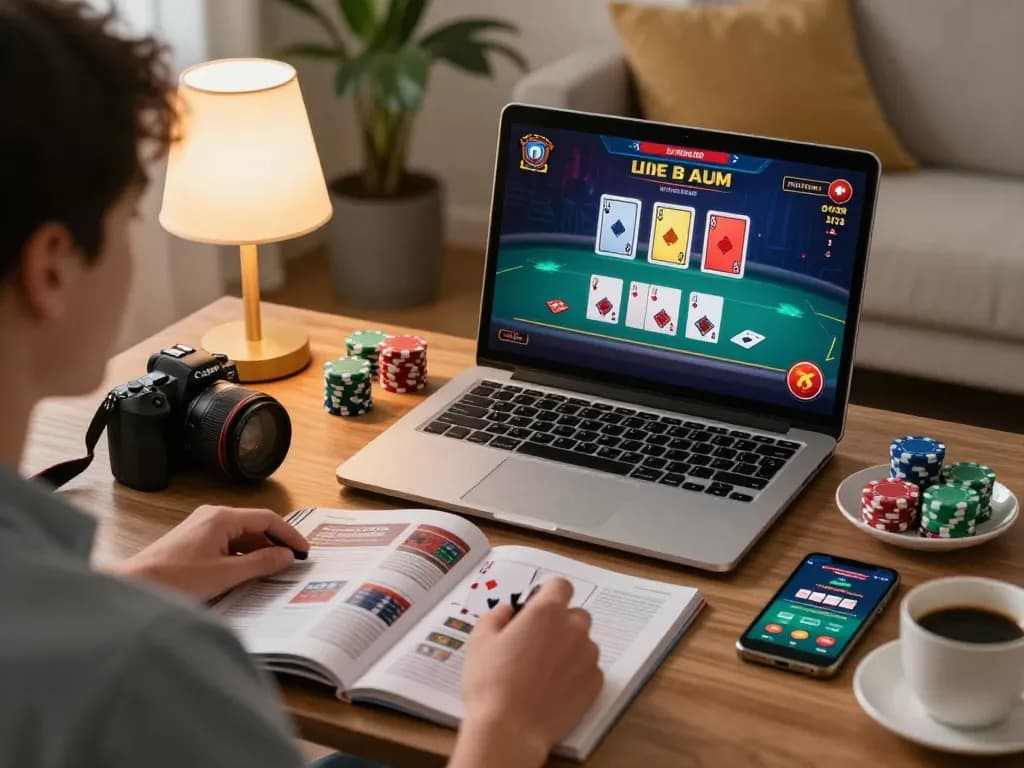 Playing live blackjack on c168.com at home, showcasing engaging gameplay setup with a laptop and strategy notes.