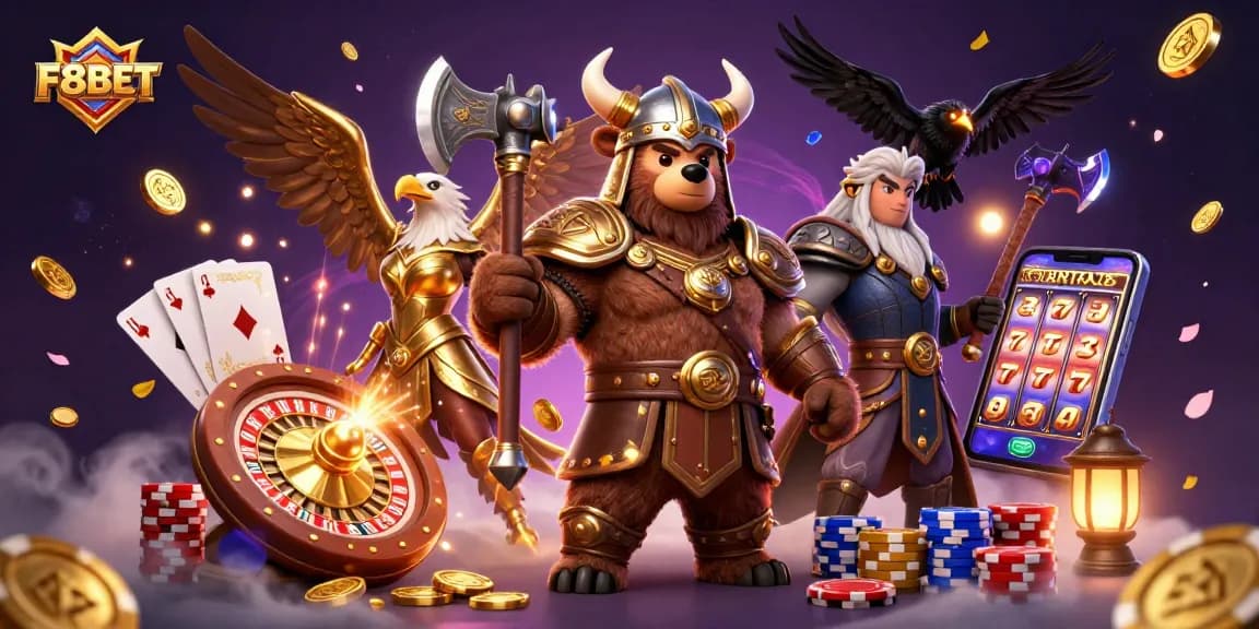 Experience the excitement of online gaming at F8BET with Vikings and treasure in a rich casino-themed scene.