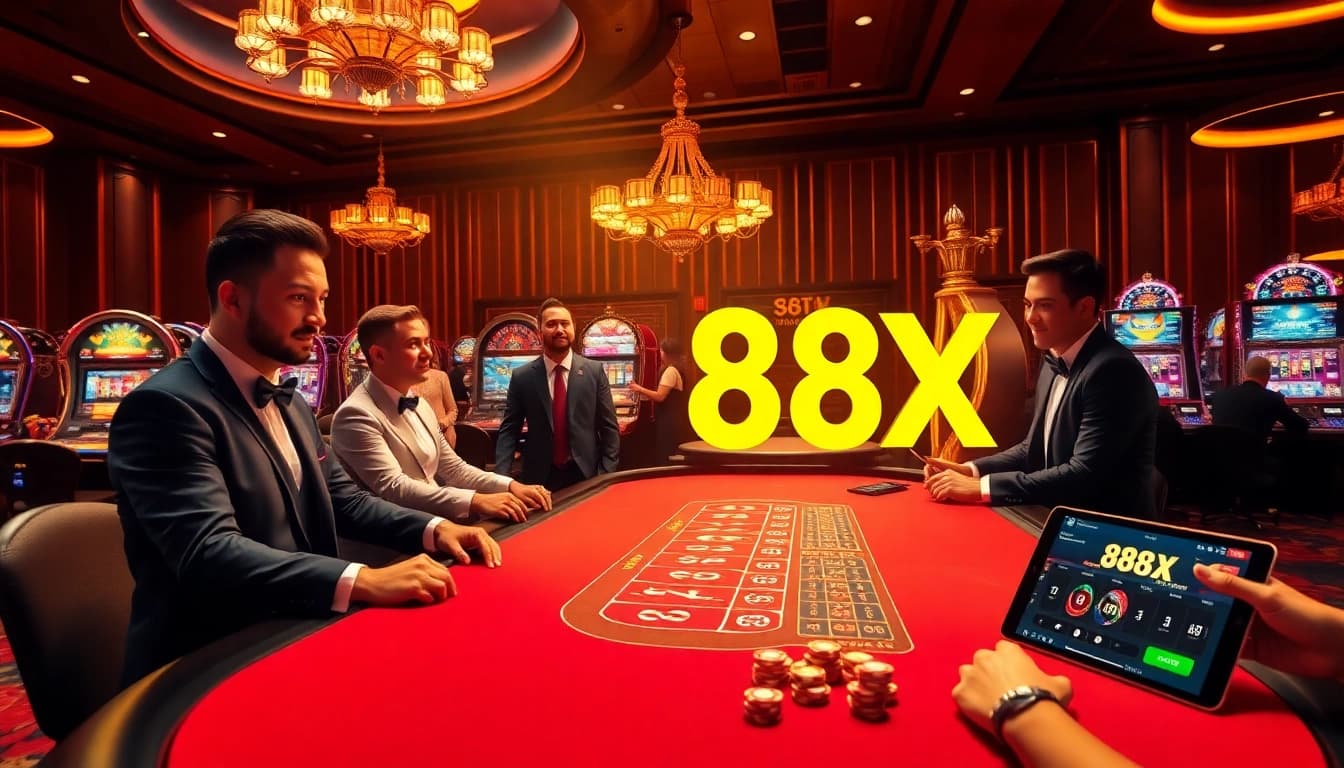 Experience vibrant 88xx gaming with excited players at a luxury casino table featuring roulette and blackjack action.