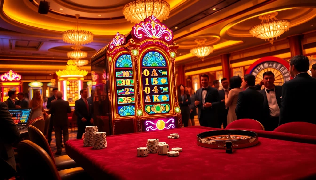 Experience the thrill of winning at a luxurious casino featuring asupanjitu-inspired slot machines and vibrant gaming tables.
