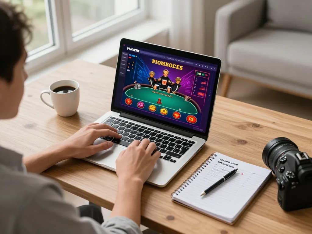 Engaged player strategizing on vvvwin's online casino platform, showcasing professional laptop arrangement.