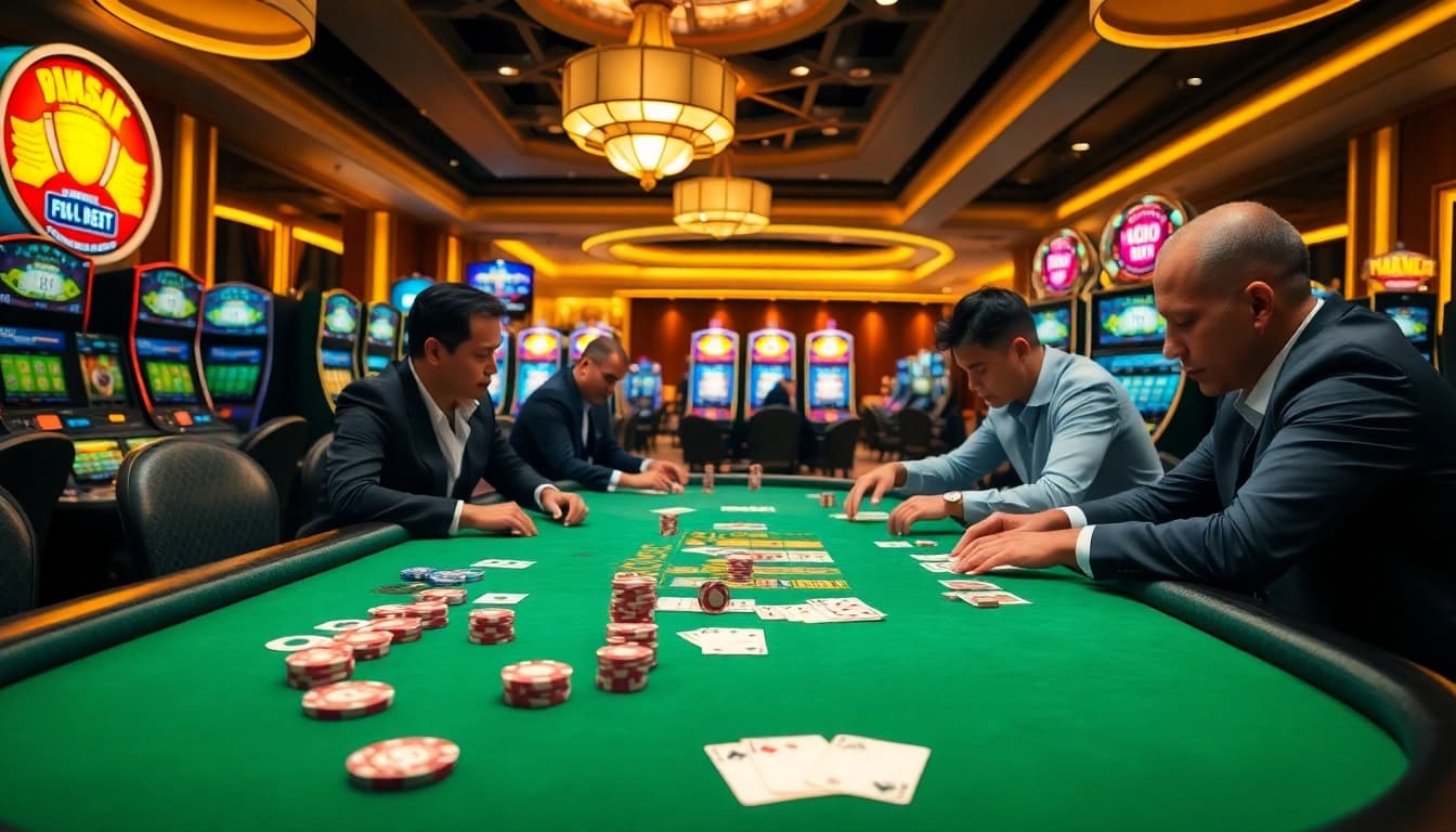 Players engage intensely at a luxurious poker table in BL555, showcasing vibrant chips and cards.