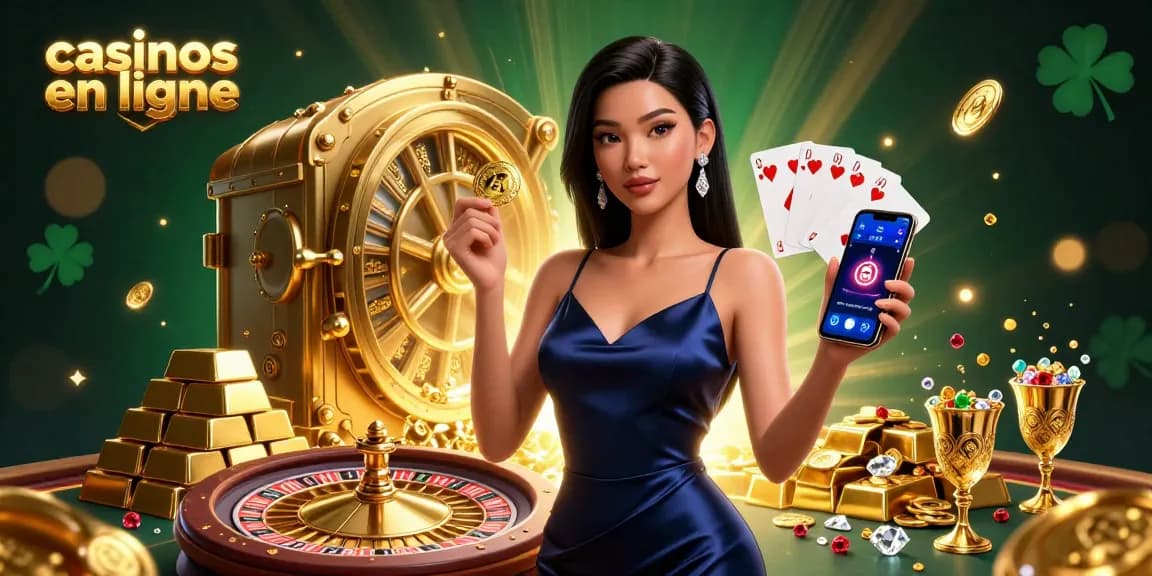 Engagez-vous avec des casinos en ligne mettant en vedette une femme éblouissante montrant une application de casino et un jeton doré.