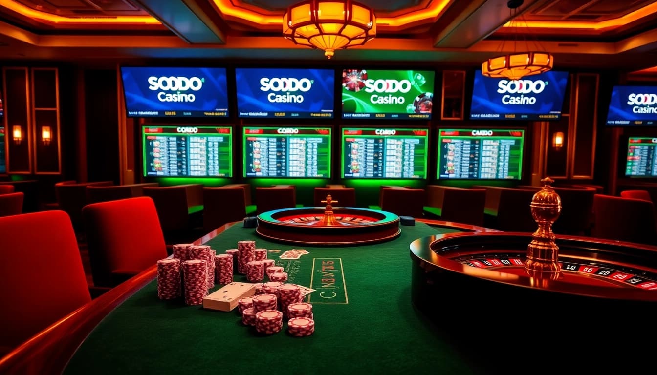 Experience thrilling gameplay at SODO Casino with vibrant poker chips and roulette wheels.