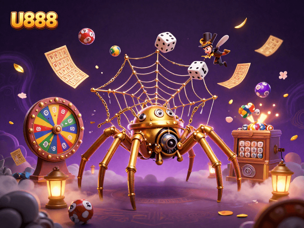 U888 interactive gaming scene featuring a steampunk spider amidst vibrant lottery elements.