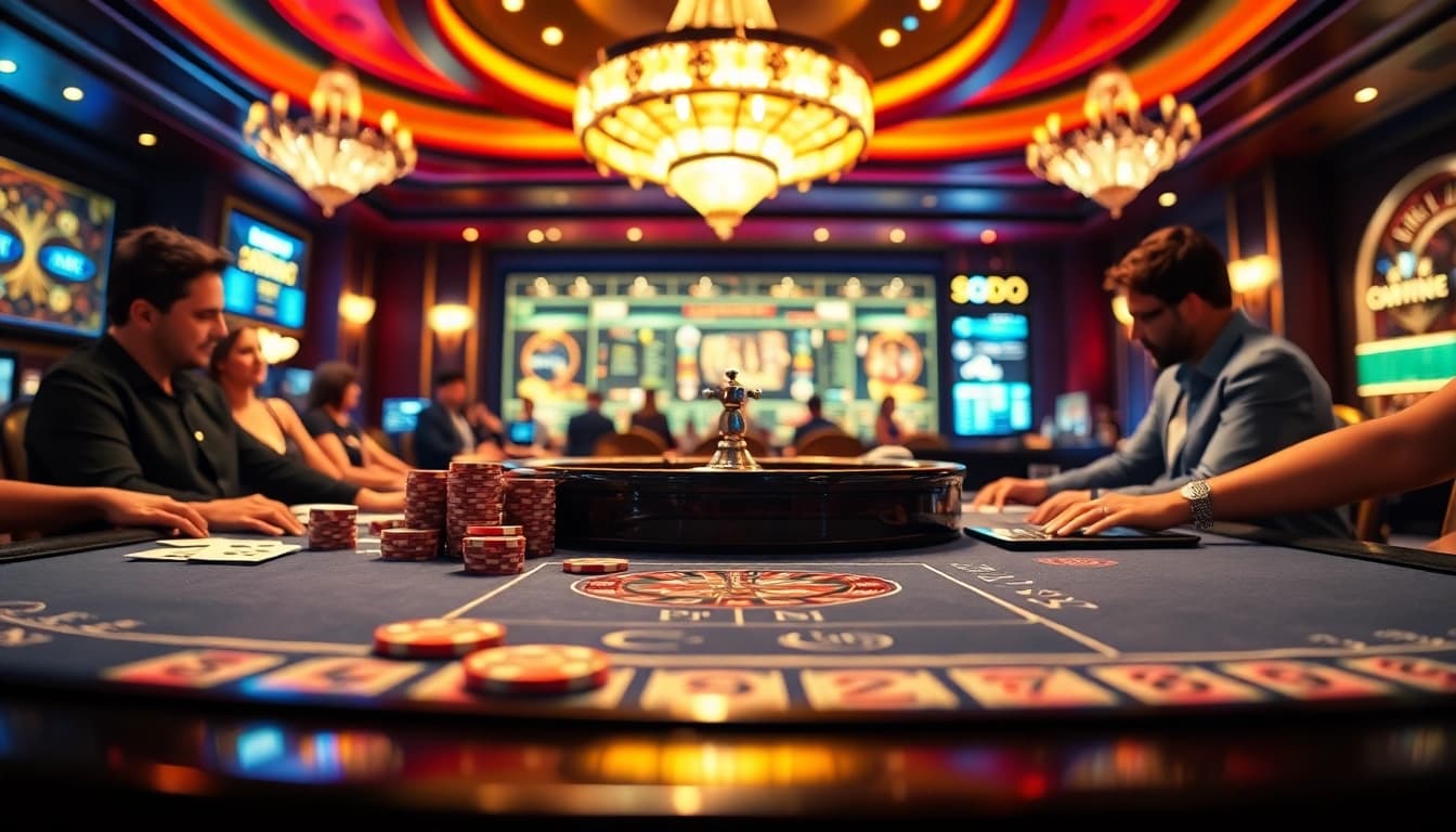 SODO gaming table filled with vibrant poker chips and excited players at a luxurious casino.