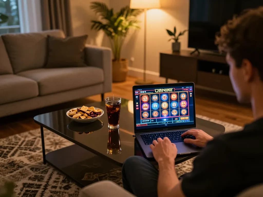 Online gaming with nhà cái gg88, player enjoying vibrant casino slots on laptop in cozy home setup.