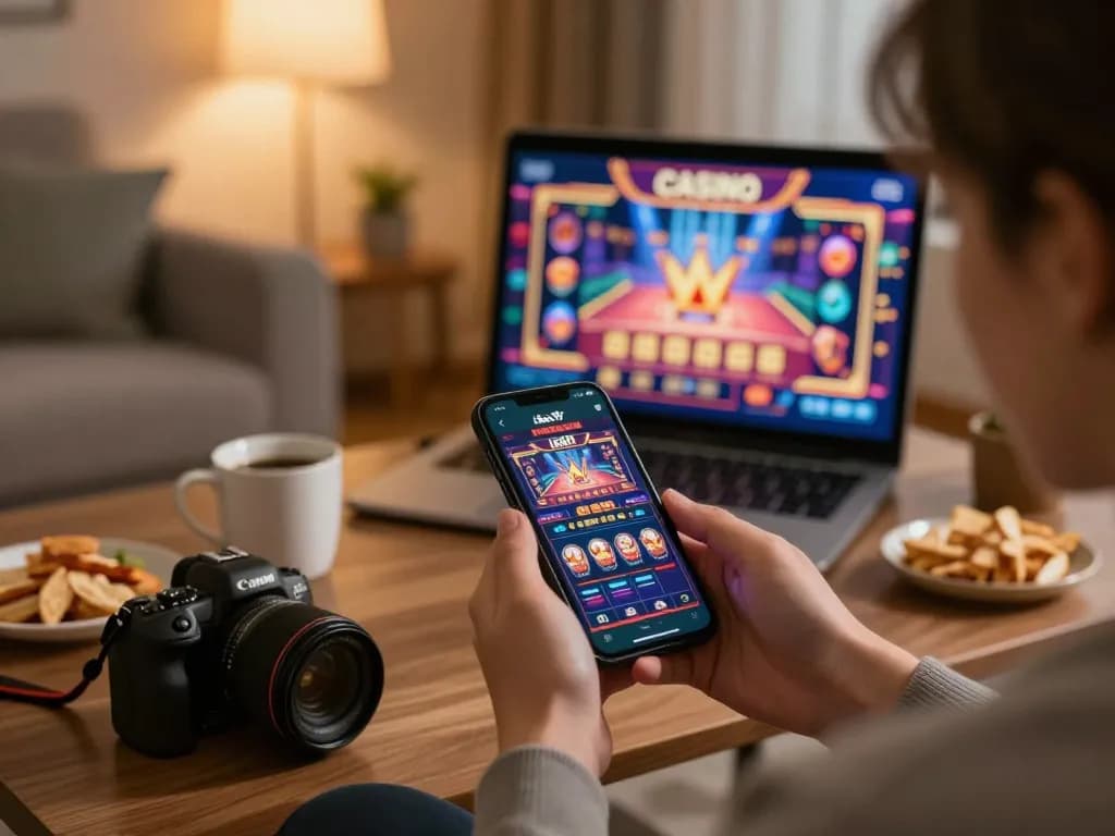 A person immersed in online gambling with the Alev Casino app on a smartphone in a cozy living room setting.