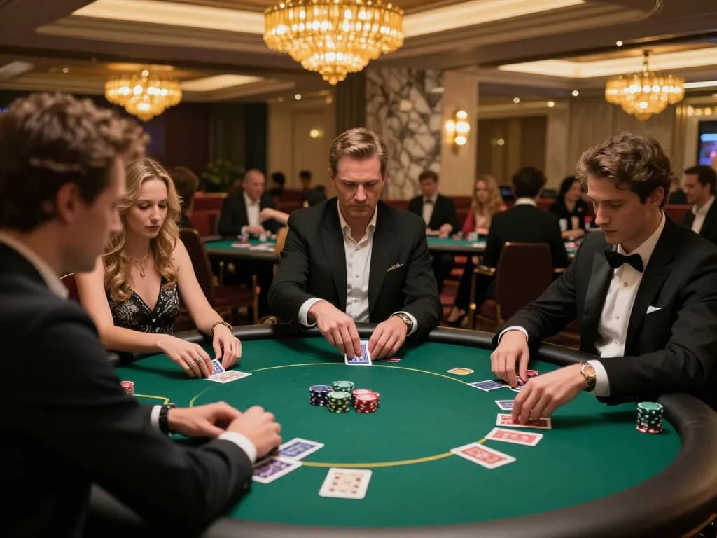 LU88 players engaging in a dynamic poker game in a luxurious casino setting, showcasing strategic gameplay.