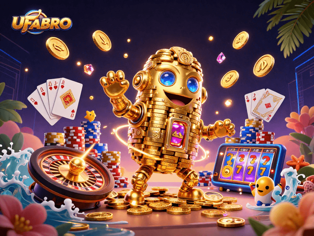 Bet on UFABRO with a vibrant 3D golden golem and casino elements for a winning experience.