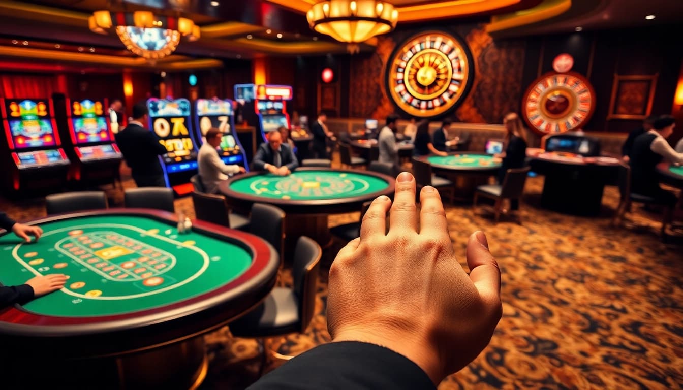 Players strategizing at poker tables in a vibrant casino scene at https://98win3h.io/, showcasing excitement and luxury.