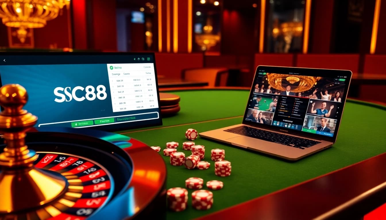 SC88 betting slip integrated into a luxurious casino setting showcasing poker chips and roulette wheel.