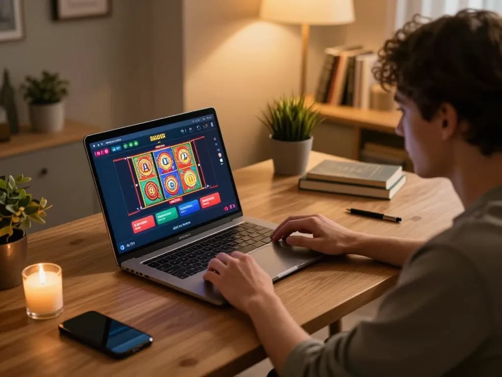 open88 gaming session on laptop with live dealer, cozy home office setting