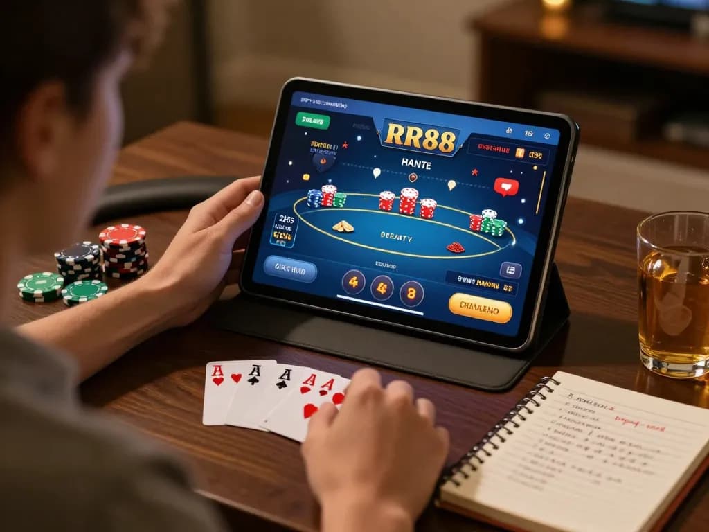 Player engaging on https://rr888.shopping/ while strategizing for online poker with chips on table.