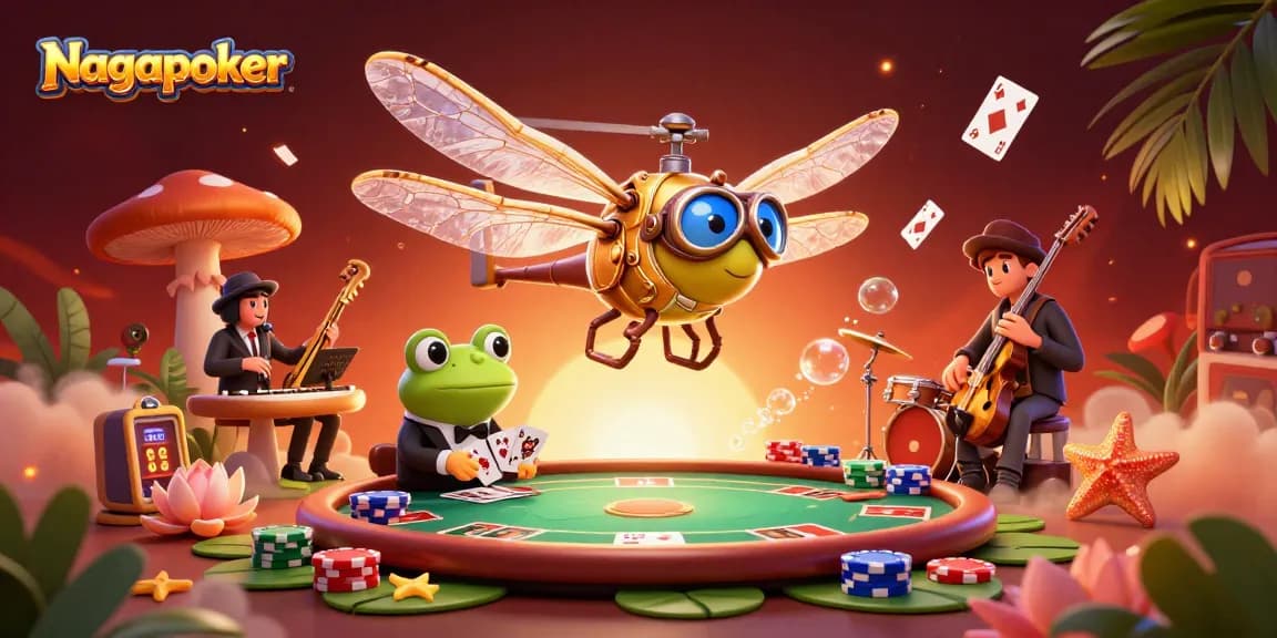 Nagapoker showcases an exciting casino scene with a dragonfly pilot and frog croupier dealing cards.