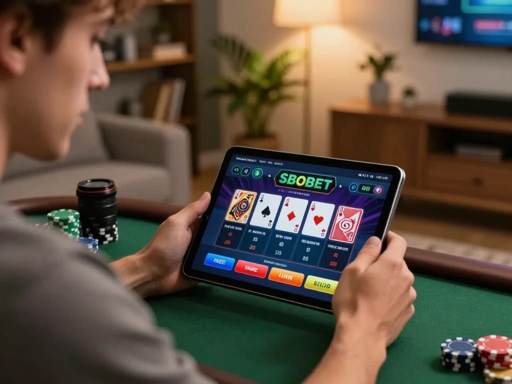 Pemain SBOBET terlibat dengan taruhan online di tablet di rumah, menunjukkan suasana nyaman dan permainan strategis.
