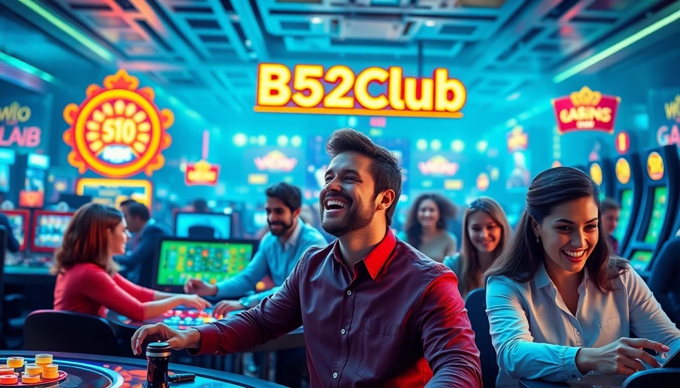 B52 Club vibrant online gaming scene with diverse players enjoying live casino games and jackpot wins.