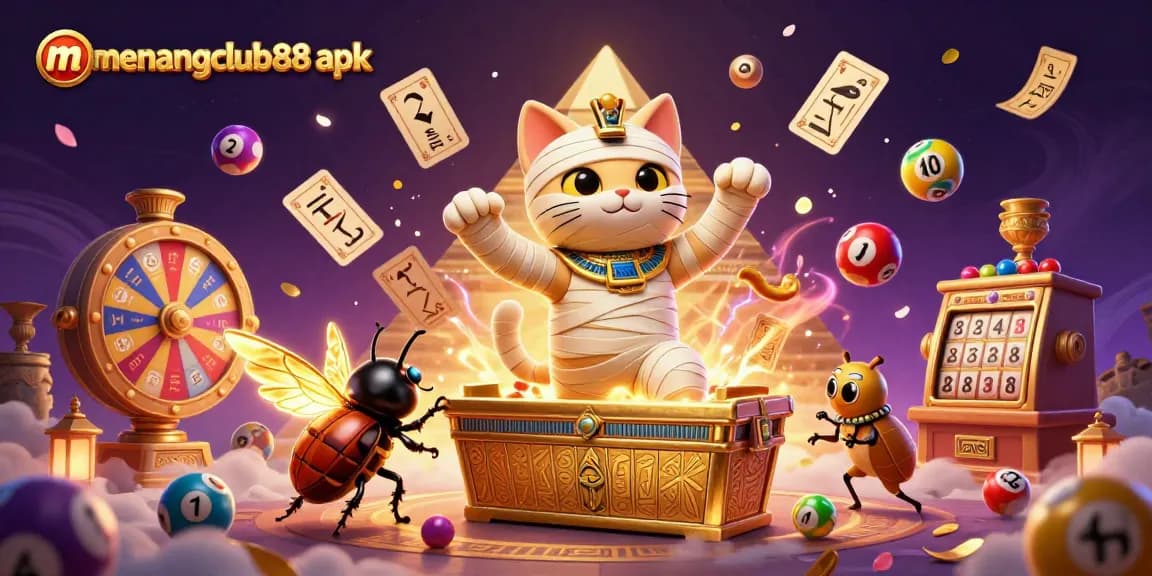 Experience adventure and fortunes with menangclub88 apk in this vibrant casino scene featuring an Egyptian mummy cat.