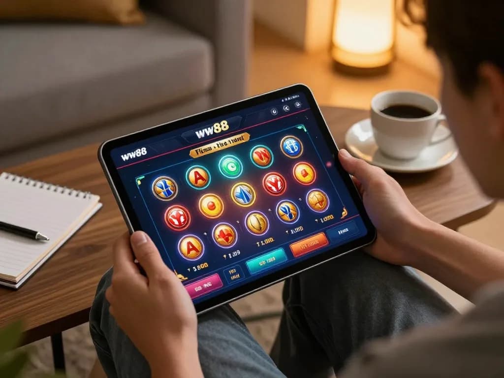 Engaging with the ww88 mobile app for an exciting online gaming experience in a cozy home setting.