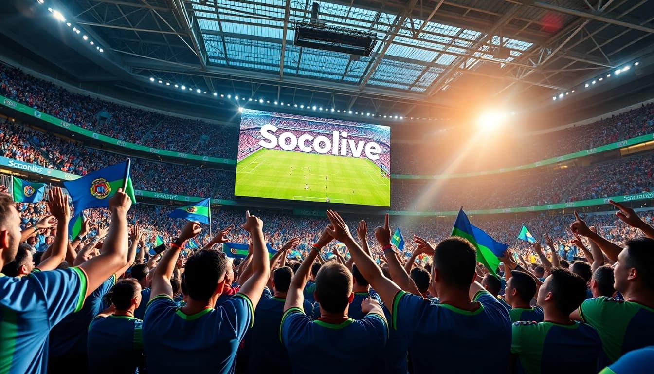 Socolive showcases live football action with fans in a stadium celebrating an exciting match.