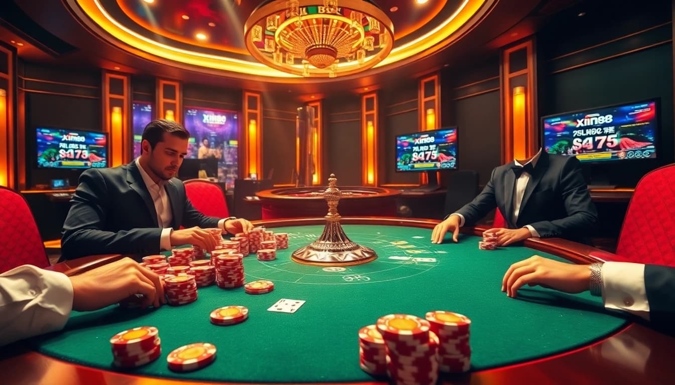 Excited players engage in a thrilling game of poker at Xin88’s luxurious casino table.