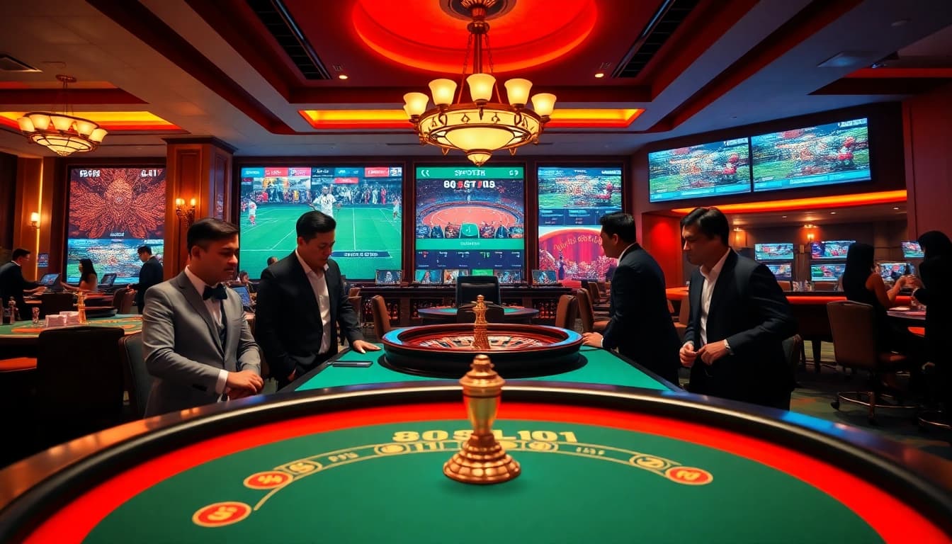 Experience the excitement of 88clb at a vibrant casino scene, showcasing blackjack and roulette gaming.